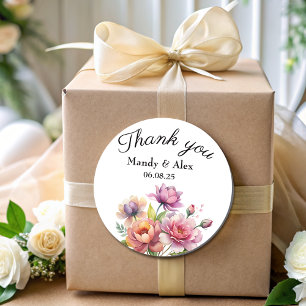 Elegant Pink Blush Floral Thank You Wedding Favour Classic Round Sticker