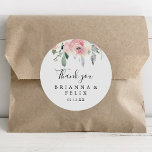 Elegant Pink Blush Floral Thank You Wedding Favour Classic Round Sticker<br><div class="desc">This elegant pink blush floral thank you wedding favour classic round sticker is perfect for a modern wedding. The design features hand-drawn pink blush roses and peonies with green and grey leaves, inspiring natural beauty. Make the sticker labels your own by including your names, the event (if applicable), and the...</div>