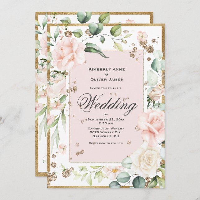 Elegant Pink Blush Floral Wedding Invitation (Front/Back)