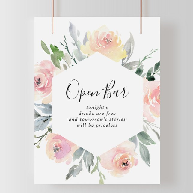 Elegant Pink Blush Floral Wedding Open Bar Sign (Creator Uploaded)