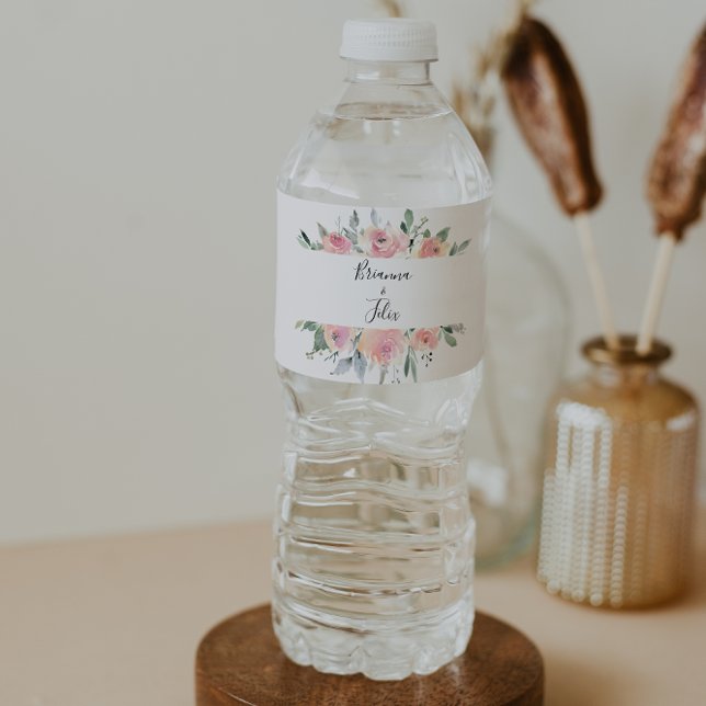 Elegant Pink Blush Floral Wedding Water Water Bottle Label (Creator Uploaded)