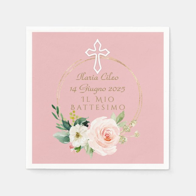 Elegant Pink Blush Floral White Cross Baptism Napkin (Front)