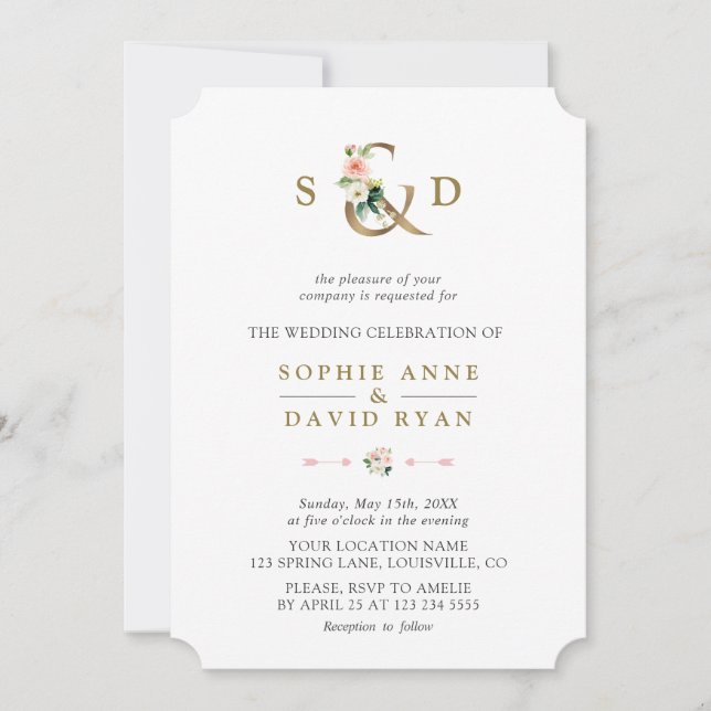 Elegant Pink Blush Flowers Ampersand Wedding Invitation (Front)