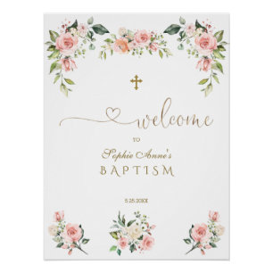 Elegant Pink Blush Flowers Baptism Welcome Sign