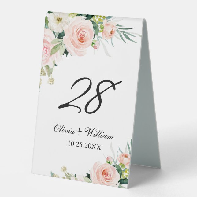 Elegant Pink Blush Flowers Floral Table Tent Sign (Front)