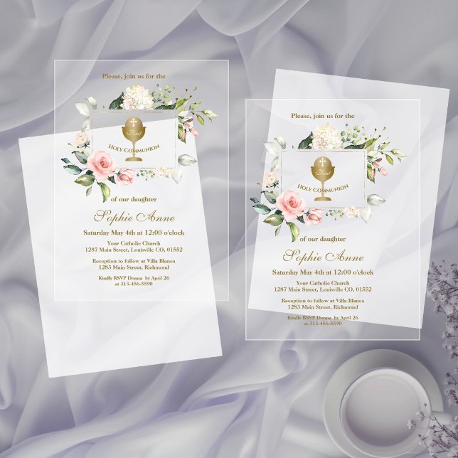 Elegant Pink Blush Flowers Girl Holy Communion Acrylic Invitations (Creator Uploaded)