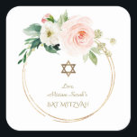 Elegant Pink Blush Flowers Gold Bat Mitzvah Square Sticker<br><div class="desc">Modern,  Geometric and elegant design featuring pink blush white watercolour flowers bouquet,  unique faux gold glitter round frame,  faux gold Star of David,  on white background. Use Personalise tool to add your info. Matching items could be found in my Bar and Bat Mitzvah Collection.</div>