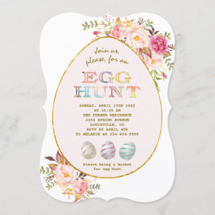 Elegant Pink Blush Flowers Gold Egg Hunt Easter Invitation
