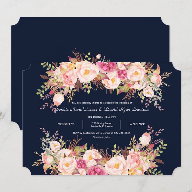 Elegant Pink Blush Flowers Navy Blue Wedding Invitation (Front/Back)