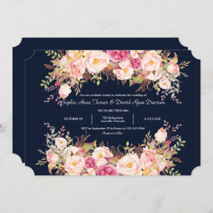 Elegant Pink Blush Flowers Navy Blue Wedding Invitation