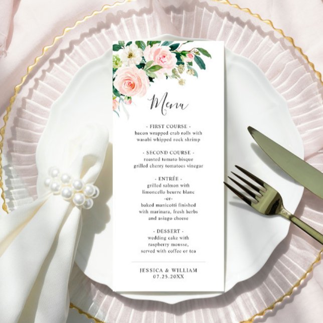 Elegant Pink Blush Flowers Wedding Dinner Menu (Creator Uploaded)