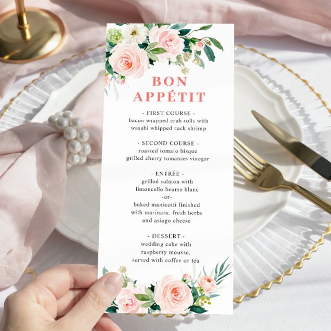 Elegant Pink Blush Flowers Wedding Dinner Menu (Creator Uploaded)