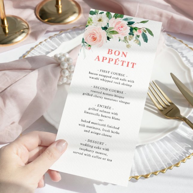 Elegant Pink Blush Flowers Wedding Dinner Menu (Creator Uploaded)