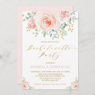 Elegant Pink Blush Gold Floral Bachelorette Party Invitation