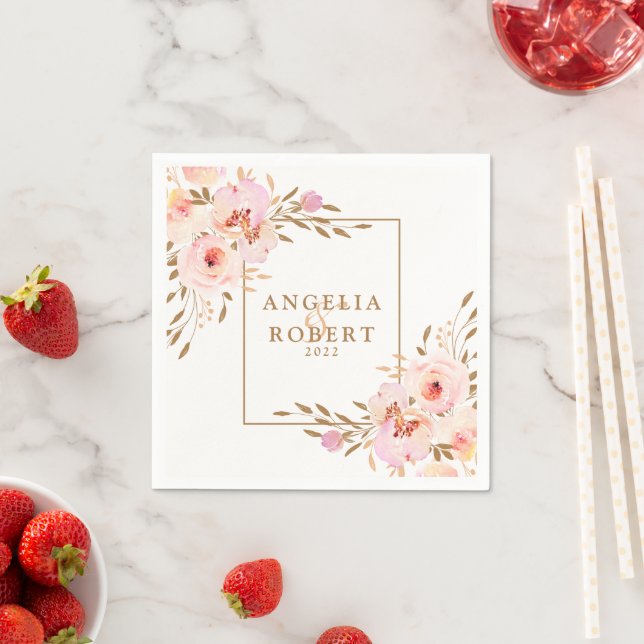 Elegant Pink Blush Gold Floral Wedding Napkin (Insitu)