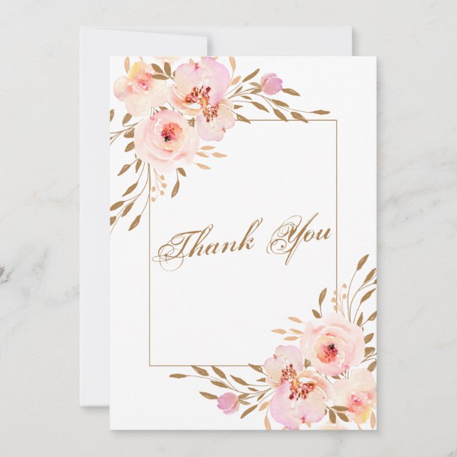 Elegant Pink Blush Gold Floral Wedding Photo Thank You Card (Front)