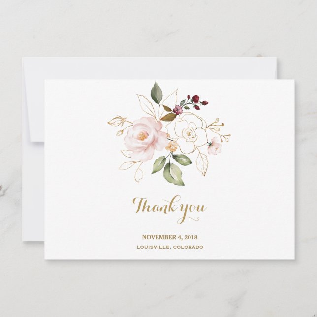 Elegant Pink Blush Gold Floral Wedding Thank You (Front)