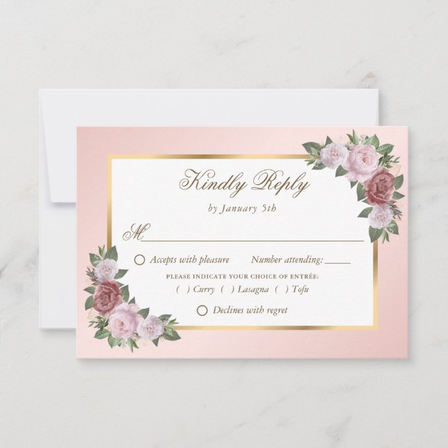 Elegant Pink Blush Gold Wedding RSVP Cards (Front)