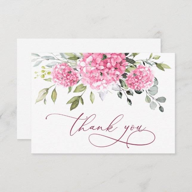 Elegant Pink Blush Hydrangea Eucalyptus Floral Thank You Card (Front/Back)