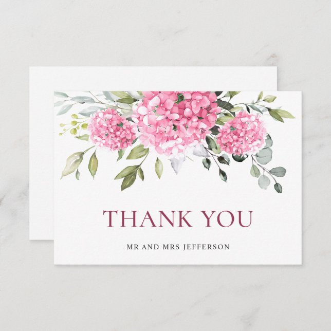 Elegant Pink Blush Hydrangea Eucalyptus Floral Thank You Card (Front/Back)