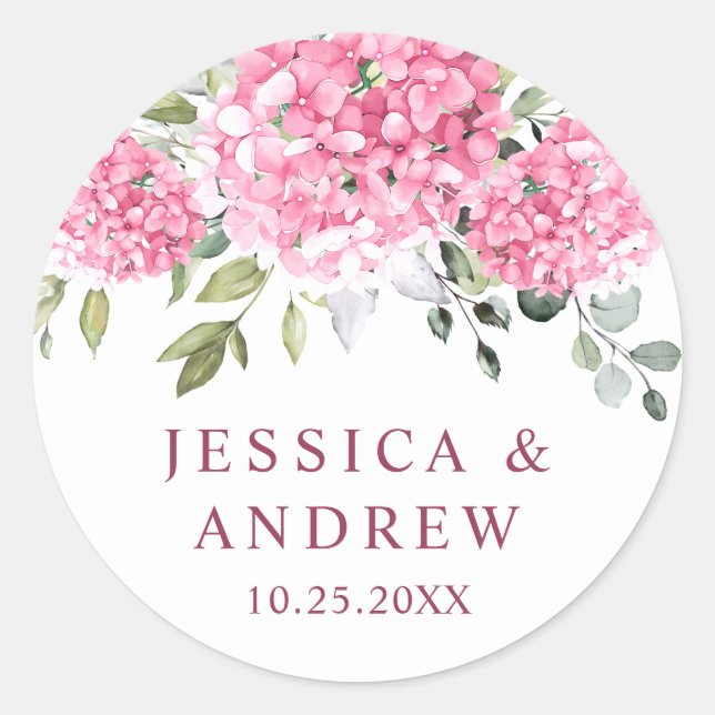 Elegant Pink Blush Hydrangea Eucalyptus Wedding Classic Round Sticker (Front)