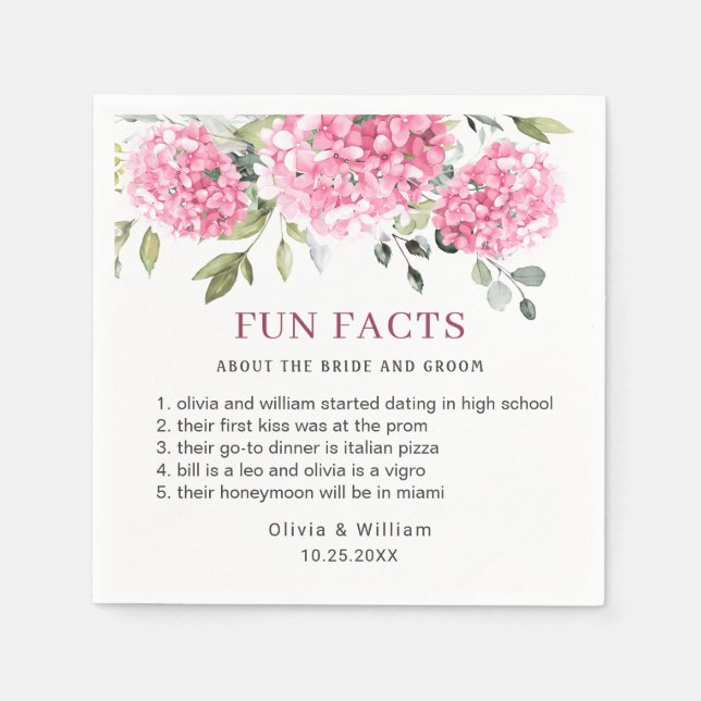 Elegant Pink Blush Hydrangea Fun Facts Wedding Napkin (Front)