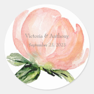 Elegant Pink Blush Peach Floral Watercolor Wedding Classic Round Sticker