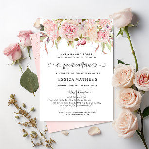  Elegant Pink, Blush Pink, Rose Gold Quinceañera Invitation