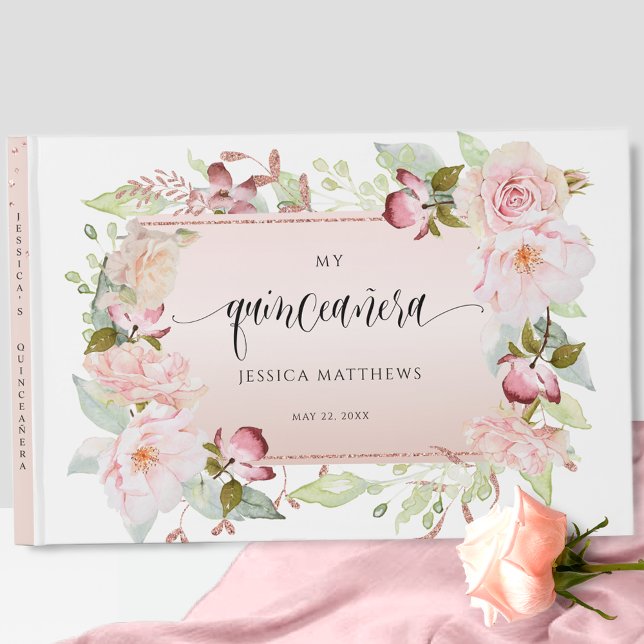 Elegant Pink, Blush, Rose Gold Floral Quinceañera Guest Book (Creator Uploaded)