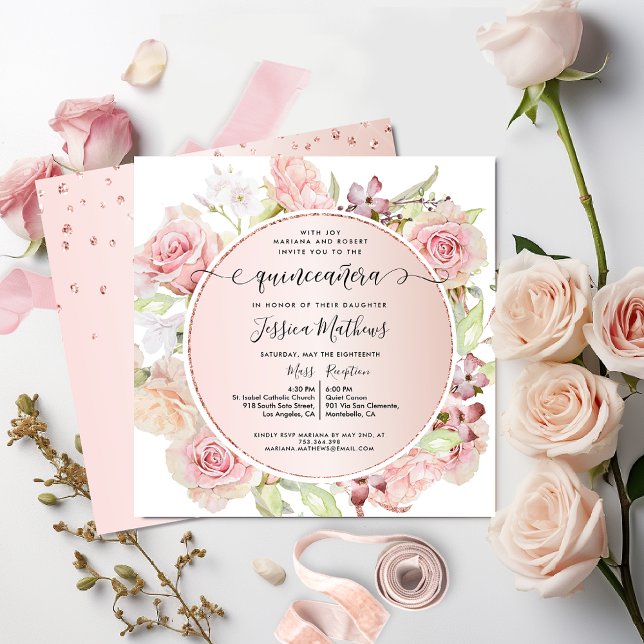 Elegant Pink, Blush, Rose Gold Floral Quinceanera Invitation (Creator Uploaded)
