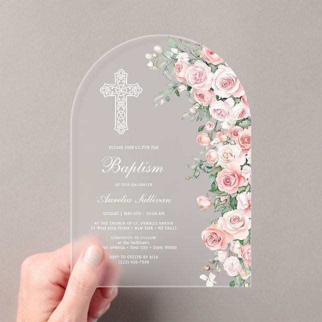 Elegant Pink Blush Roses Arch Baptism Acrylic Invitations (Insitu (Handheld))