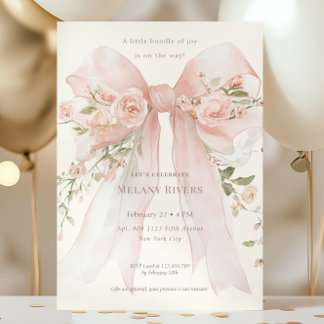Elegant Pink Blush Roses Bow Baby Shower Invitation