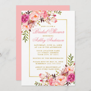 Elegant Pink Blush Roses Bridal Shower Gold Invitation