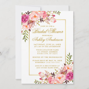 Elegant Pink Blush Roses Bridal Shower Gold Script Invitation