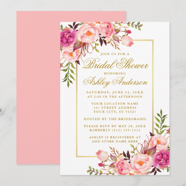Elegant Pink Blush Roses Gold Bridal Shower Invitation (Front/Back)