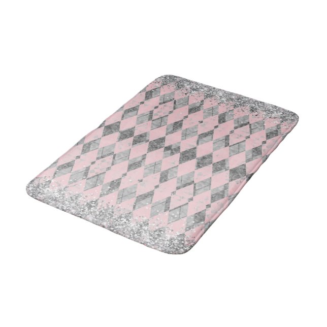 Elegant Pink Blush Silver Harlequin Glitter Bath Mat (Angled)