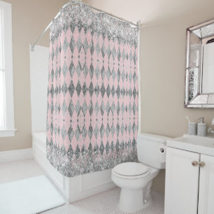 Elegant Pink Blush Silver Harlequin Glitter Shower Curtain