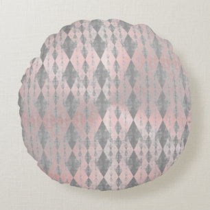 Elegant Pink Blush Silver Harlequin Round Cushion
