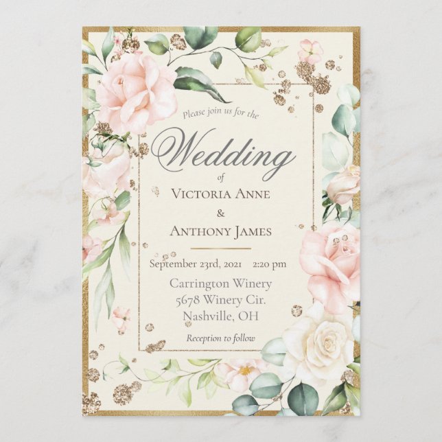 Elegant Pink Blush Watercolor FloraL Wedding  Invitation (Front)