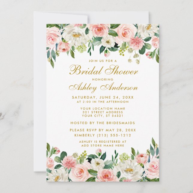 Elegant Pink Blush White Floral Bridal Shower Invitation (Front)