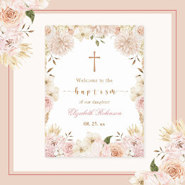 Elegant Pink Boho Floral Baptism Poster
