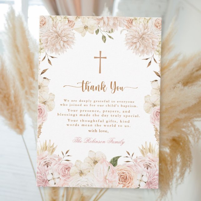 Elegant Pink Boho Floral Baptism Thank You Card (Creator Uploaded)