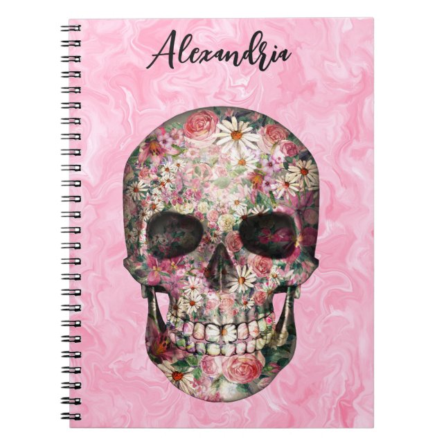 Elegant Pink Boho Floral Skull Notebook (Front)