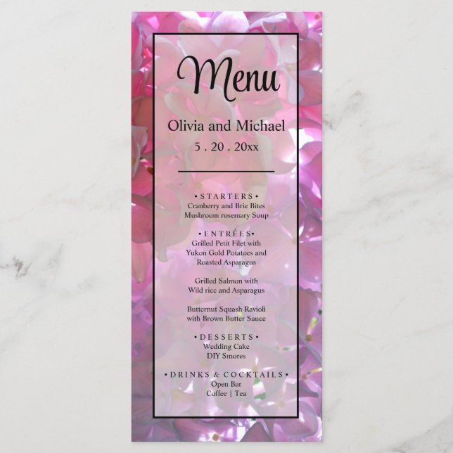 Elegant pink boho florals flowers hydrangeas menu (Front)