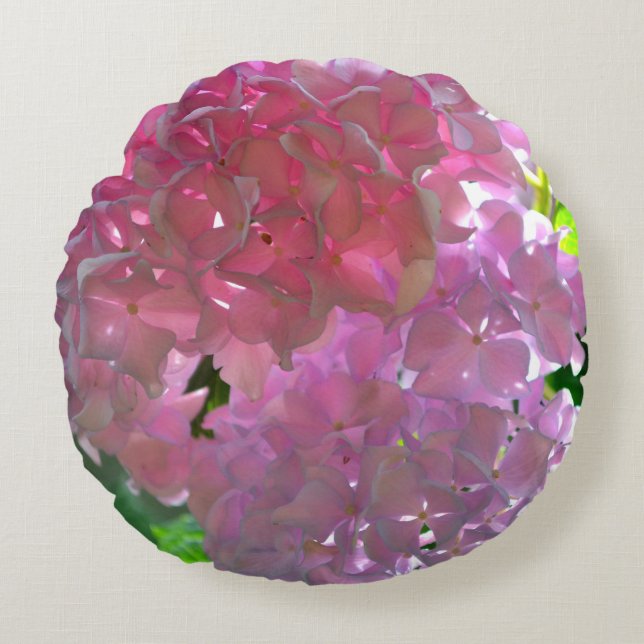 Elegant pink boho florals flowers hydrangeas round cushion (Front)