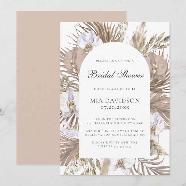 Elegant Pink Boho Pampas Floral Arch Bridal Shower Invitation (Front/Back)