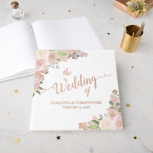 Elegant Pink Boho Roses & Blossoms Foil Wedding Guest Book