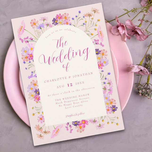 Elegant Pink Boho Wildflower Wedding Invitation (Elegant wildflower pink wedding invitation With watercolor pastel florals)