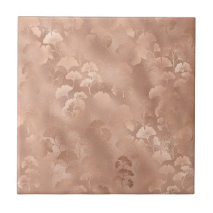 Elegant Pink Botanical Ginkgo Gold Foliage Print Ceramic Tile
