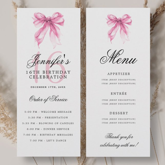 Elegant Pink Bow 16th Birthday Party Program Menu (Elegant Pink Bow 16th Birthday Party Program Menu)
